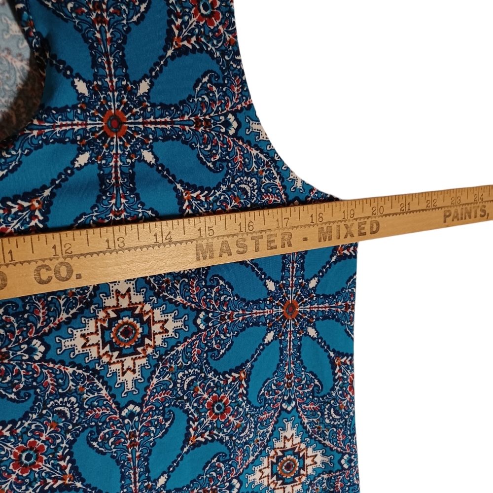 AUW Blue Red White Geometric Floral Print Sleeveless Keyhole Bar Top Medium - Picture 5 of 6